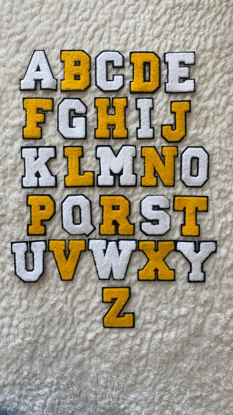 7 cm große Chenille-Aufnäher zum Aufbügeln, weiß, gelb, Alphabet A-Z, für Herren, Bekleidungszubehör, Nähen und Bastelbedarf für Kinder, Deko, DIY-Projekt Bild 2