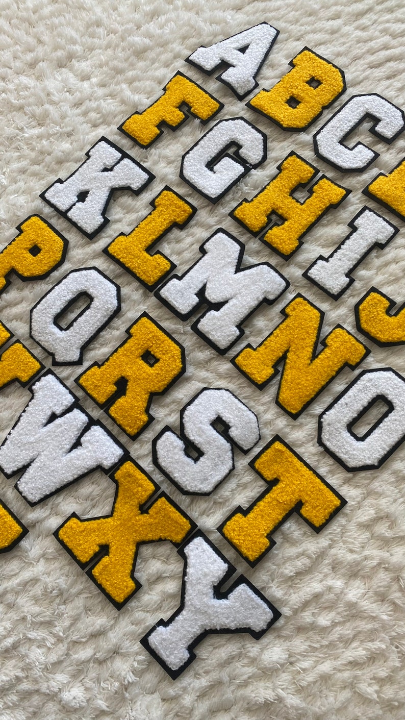 7 cm große Chenille-Aufnäher zum Aufbügeln, weiß, gelb, Alphabet A-Z, für Herren, Bekleidungszubehör, Nähen und Bastelbedarf für Kinder, Deko, DIY-Projekt Bild 9