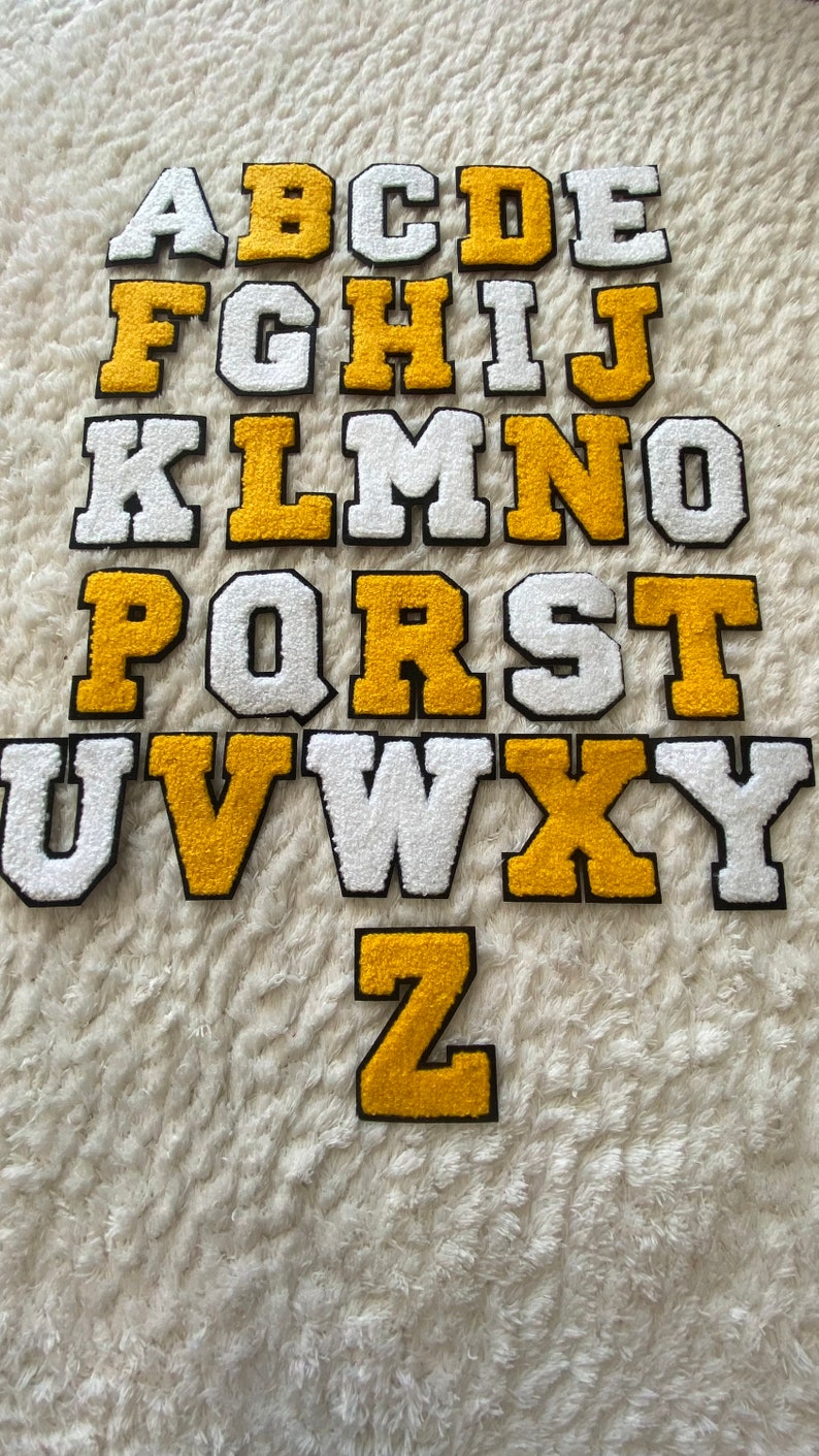 7 cm große Chenille-Aufnäher zum Aufbügeln, weiß, gelb, Alphabet A-Z, für Herren, Bekleidungszubehör, Nähen und Bastelbedarf für Kinder, Deko, DIY-Projekt Bild 7