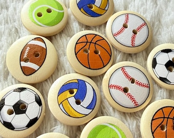 Sports Theme Soccer Tennis Basketball Football Volleyball Round Natural Wood Sewing Buttons, DIY Crochet Project Accessories, Craft Supply