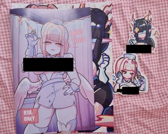 May include: A pink and white illustrated booklet with the text "Visit Time" and "R18 ONLY". The booklet features a cartoon character wearing a nurse's uniform and holding a syringe. Two stickers with cartoon characters are also included.