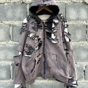 Thrashed Distressed Faded Thermal Waffle Zip Hoodie Black Blank