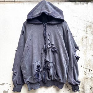 Thrashed Distressed Faded Thermal Waffle Zip Hoodie Navy Blank Size L