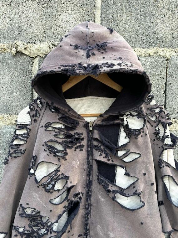 Thrashed Distressed Faded Thermal Waffle Zip Hoodie Black Blank - Etsy