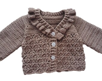 Baby's Ruffle Cardigan In Taupe. 3 - 6 Months