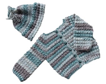 Baby's handmade Pram Set With Jacket And Matching Beanie. Alpine Colour Mix. 3 - 6 Months