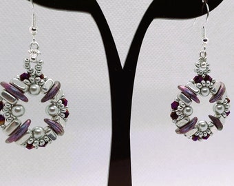 Silver and purple crystal and pearl drop earrings.