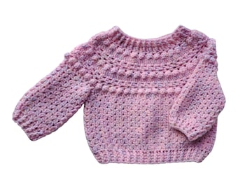 Baby's Chunky Aran Sweater With Bobble Design. Candy floss, Pink tweed. 6 - 12 Months