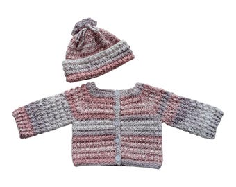 Baby's Pram Set With Jacket And Beanie. Pastel Mix, Bobble Design. 3 - 6 Months