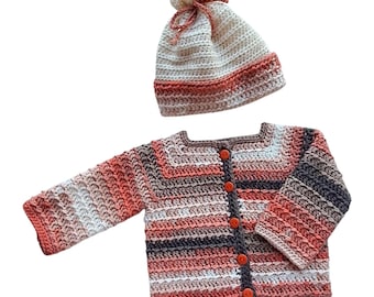 Baby's Multicolored Hand Crochet Aran Weight Cardigan and beanie. 3 - 6 Months.