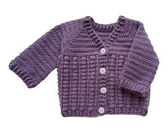 Baby's v neck hand crochet cardigan in aubergine. 3 - 6 months
