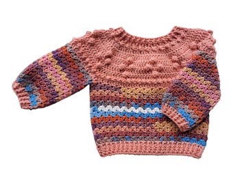 Baby's Handmade Jumper With Bobble And Shell Design. Sunset Colour Mixture. 6 - 12 Months