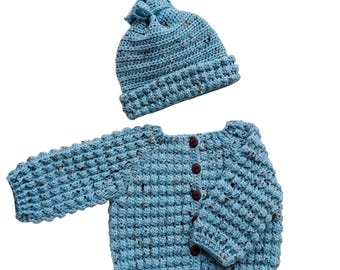 Baby's Aran Pram Set With Jacket & Hat. Tweedy Duck Egg Blue. 3 - 6 Months