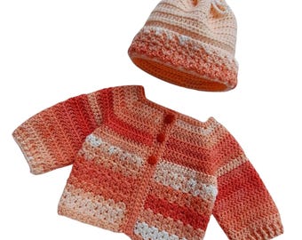 Baby's pram set with hat and cardigan, tangerine, size 0 - 3 months