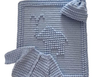 Baby's pram Set With Jacket, Hat And Baby Elephant Blanket . Blue.  0 - 3 Months