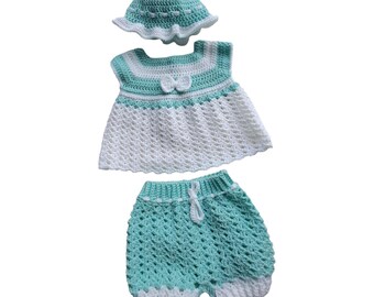 Handmade Baby Summer Pram Set, Mint White Dress, Hat, Bloomers (3-6 Months)