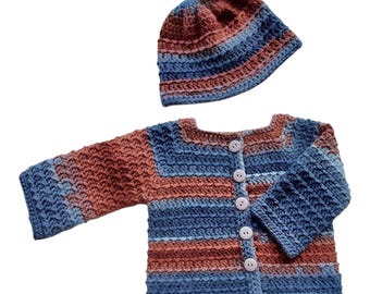 Baby's Multicolored Hand Crochet Aran Weight Cardigan and beanie. 3 - 6 Months.