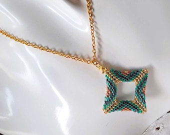 Art deco square donut pendant in aqua and gold