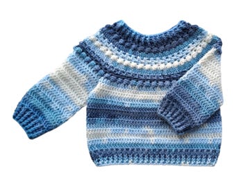 baby's aran style jumper with bobble design yolk. glacier blue. 6 - 12 months