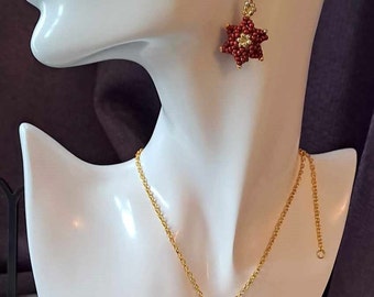 red and gold puffy star earrings and necklace set
