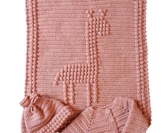 Salmon Pink Baby Pram Set: Giraffe Blanket, Cardigan & Hat (0-3 Months)