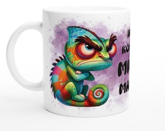 Motif mug with grumpy chameleon in watercolor design and German saying "You can go to hell!!!" | Sarcastic funny saying gift