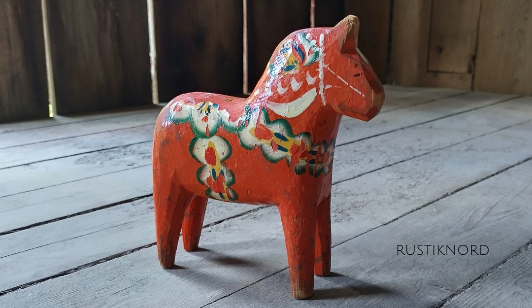 Cheval Dala Suédois Vintage – Figurine En Bois Sculpté Et Peint à La Main, Déco Scandi