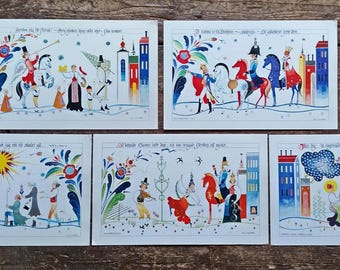 Set of 5 Vintage Rune Lindström prints.Dalamålning from Sweden. Sold Unframed
