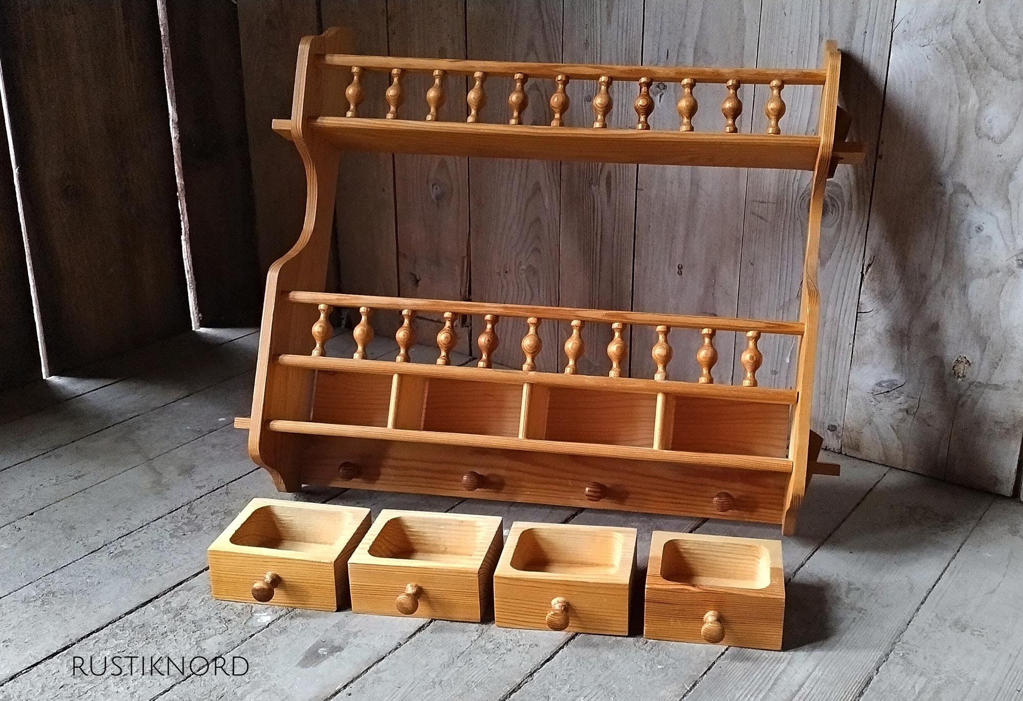 Rustic Scandi Pine Wall Spice Rack Kitchen Tidy