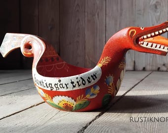 Norwegian Kjenge Ale Bowl: Hand-Painted Dragon Folk Art
