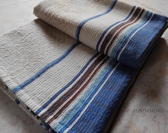Vintage Swedish woven linen / cotton tablecloth. Denim blue striped border