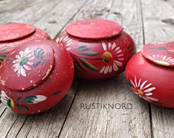 Four delightfully shabby and old handpainted small trinket pots from Sweden.