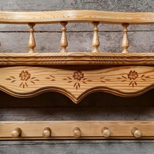 Vintage Pine Towel Rack, Shelf, Hangers, Hooks. Scandinavian