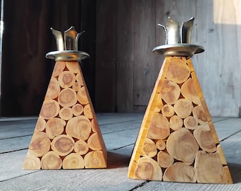 Pair of vintage handcrafted wooden candle holders from North Sweden.