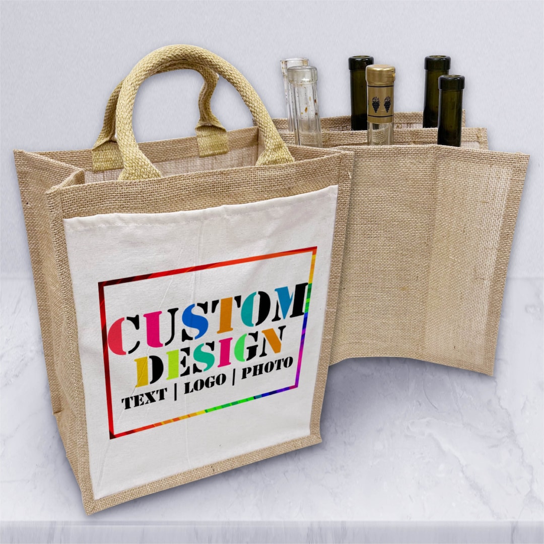 Custom Reusable Wine Jute Bag Ecofriendly 12w X 14h X 8d DTF Printing Canvas Bag 6 Bottle Wine