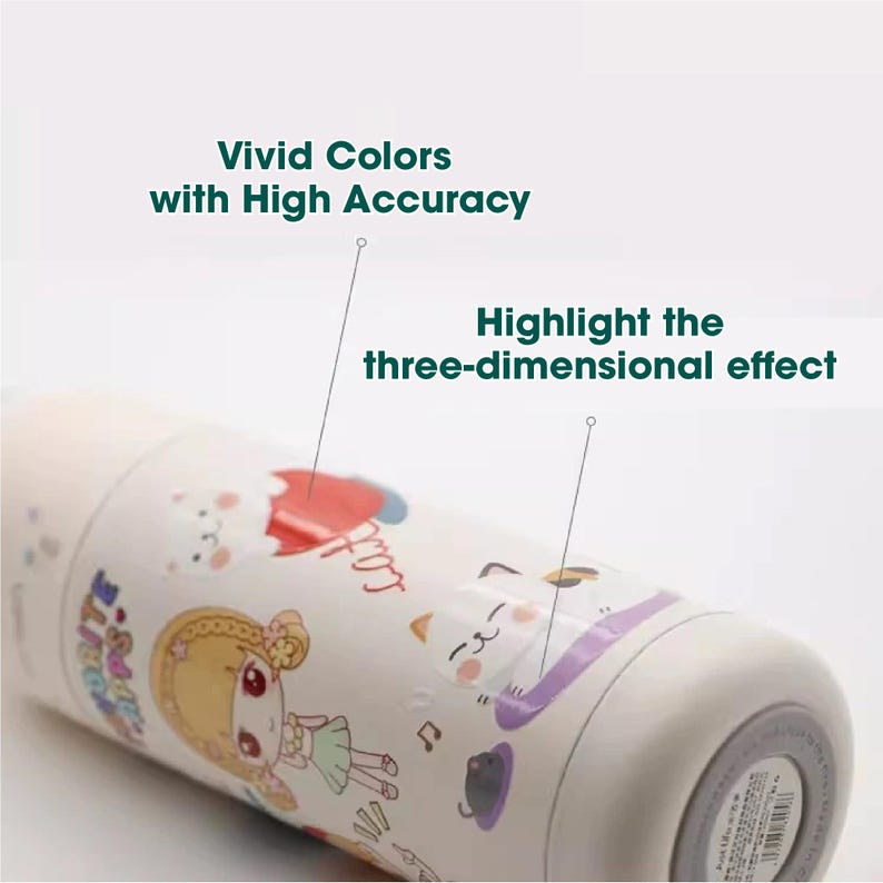 May include: White insulated water bottle with a colourful cartoon design featuring a girl, animals, and musical notes. The design has a 3D effect and vivid colours.