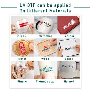 May include: A collage of images showcasing various materials that can be decorated using UV DTF printing. The materials include glass, ceramics, leather, metal, wood, boxes, plastic, thermos cups, and helmets. The images demonstrate the application of UV DTF transfer film to these different surfaces.