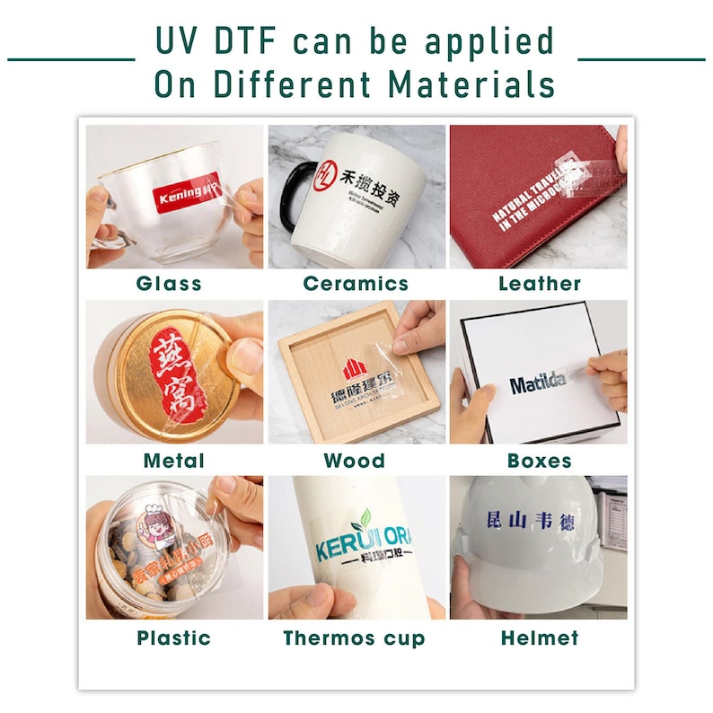 May include: A collage of images showcasing various materials that can be decorated using UV DTF printing. The materials include glass, ceramics, leather, metal, wood, boxes, plastic, thermos cups, and helmets. The images demonstrate the application of UV DTF transfer film to these different surfaces.