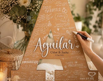 Wooden guest book with initials and last name of the bride and groom. An original guest book that is different from the traditional one! Gift idea for future brides and grooms
