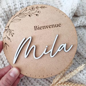 Carte de bienvenue bébé, carte de naissance en bois avec prénom en relief 15cm