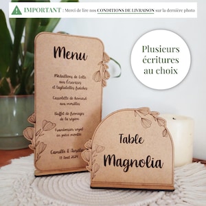 Menu et nom de table en bois personnalisés à poser pour votre décoration de table. Une décoration originale pour votre mariage ou autre
