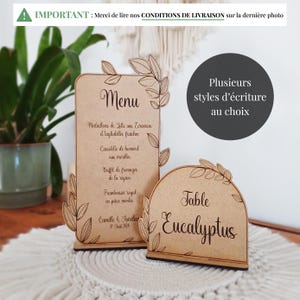Menu et nom de table en bois personnalisés à poser, décoration de table de mariage ou de baptême