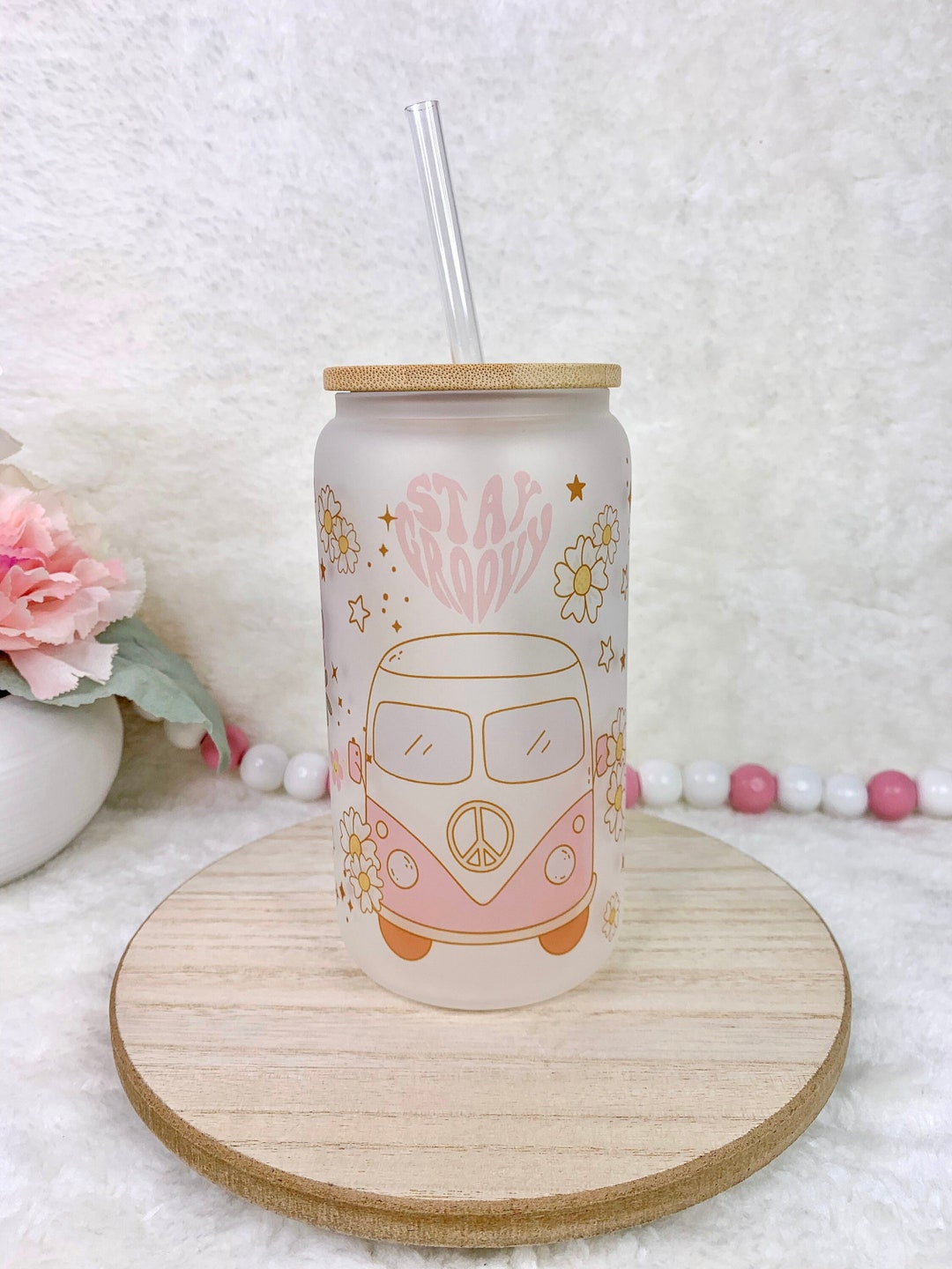 Retro Glass Cup, Retro Van, Groovy Sublimation, Retro Flowers, Checker