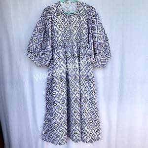 Vestito midi Kyra con stampa floreale blu a blocchi di mano, in cotone boho, estivo, per donna, con chiusura a stringa, regalo per ragazze, donne XS-7X