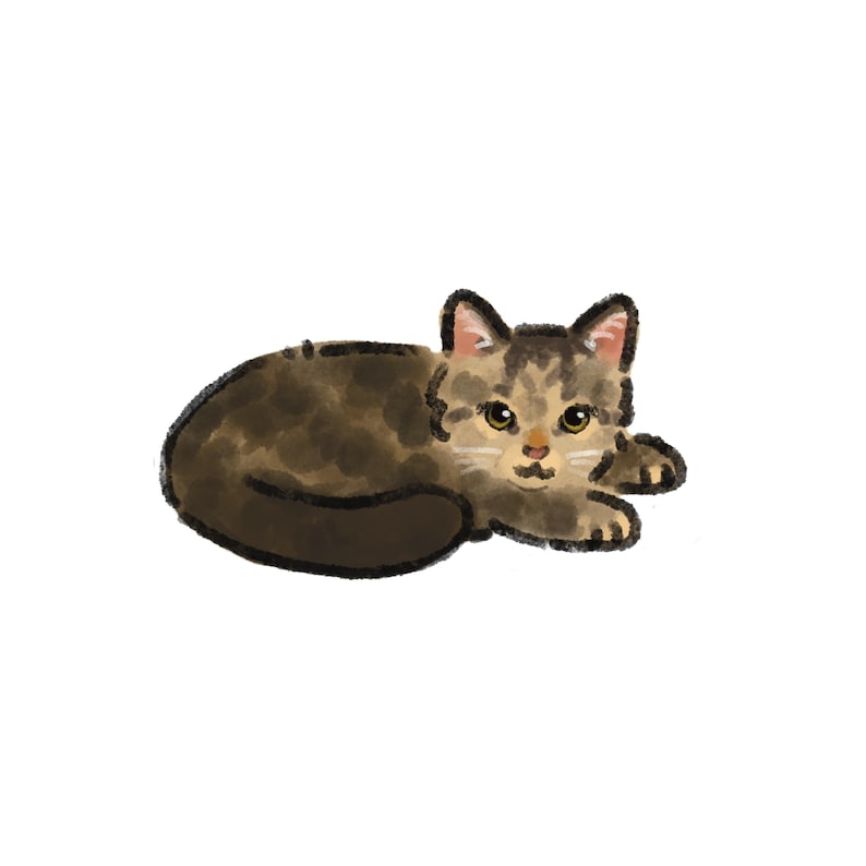 May include: A watercolor illustration of a brown and tan tabby cat lying down. The cat has yellow eyes and a white muzzle. The cat's fur is a mix of brown and tan, with darker brown markings. The cat is lying on a white background.