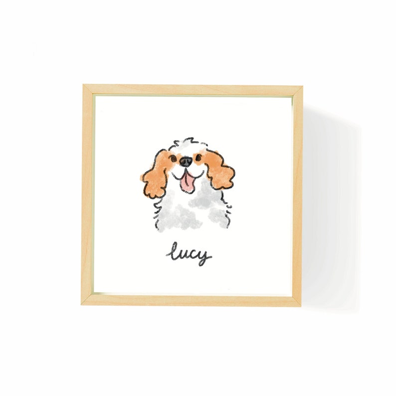 May include: A framed watercolor illustration of a Cavalier King Charles Spaniel dog with orange and white fur. The dog is smiling with its tongue out. The name "lucy" is written in cursive below the dog.