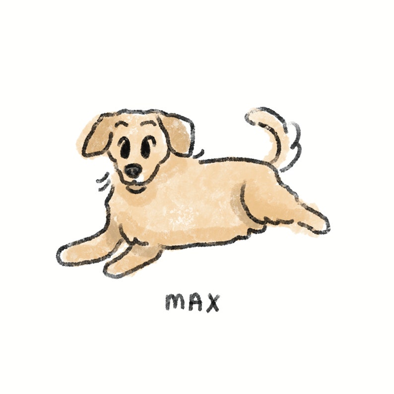 May include: A cartoon illustration of a light brown dog in a playful pose, with the name "MAX" written below in black. The dog has black eyes and a black nose, and is set against a white background.