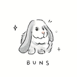 May include: A cute illustration of a gray and white bunny with long, floppy ears and a pink nose. The word "BUNS" is written in black below the bunny. Sparkle and plus sign graphics are also included.