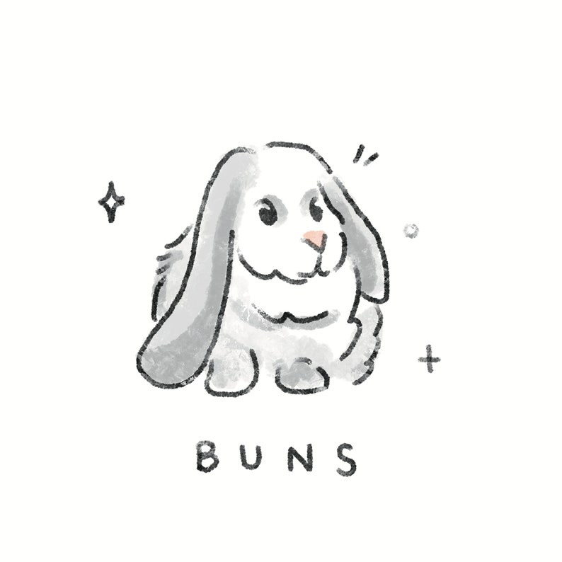 May include: A cute illustration of a gray and white bunny with long, floppy ears and a pink nose. The word "BUNS" is written in black below the bunny. Sparkle and plus sign graphics are also included.