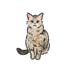 May include: A watercolor illustration of a cat sitting upright. The cat has a light brown and gray coat with black markings. Its ears are pink-lined, and it has a small pink nose. The cat's tail is curled, and it is set against a white background.